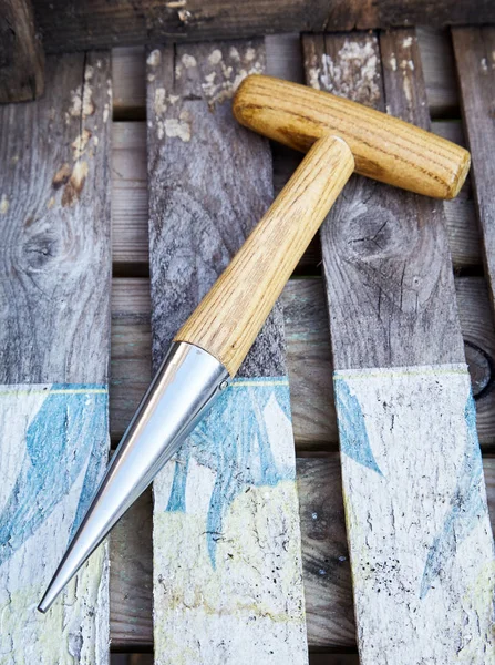 Pequeña Mano Madera Augur Para Plantar Siembras Semillas Jardín Que —  Fotos de Stock