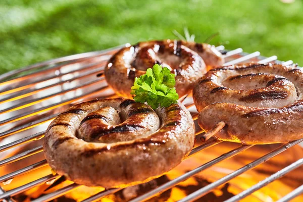 Carnes Suculentas Salchichas Ternera Una Barbacoa Parrilla Sobre Las Brasas —  Fotos de Stock