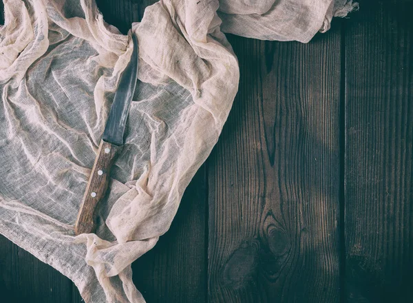 Viejo Cuchillo Afilado Con Mango Madera Encuentra Una Servilleta Textil — Foto de Stock
