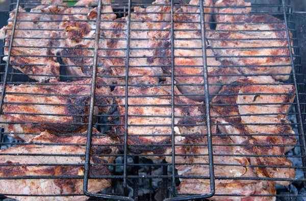 Plakjes Varkensvlees Rib Braden Een Ijzeren Grill Top View — Stockfoto