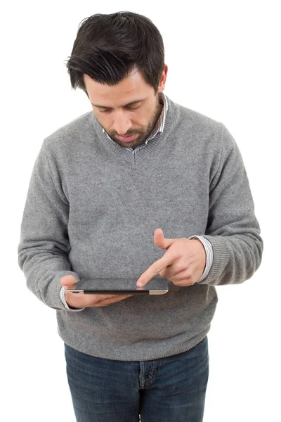 Hombre Casual Mirando Tableta Aislado — Foto de Stock