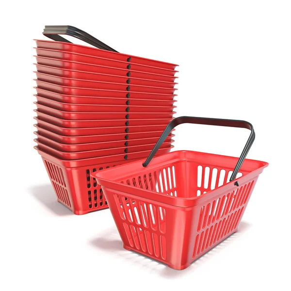 Red Plastic Shopping Baskets Render Illustration Isolated White Background — Stock Photo, Image