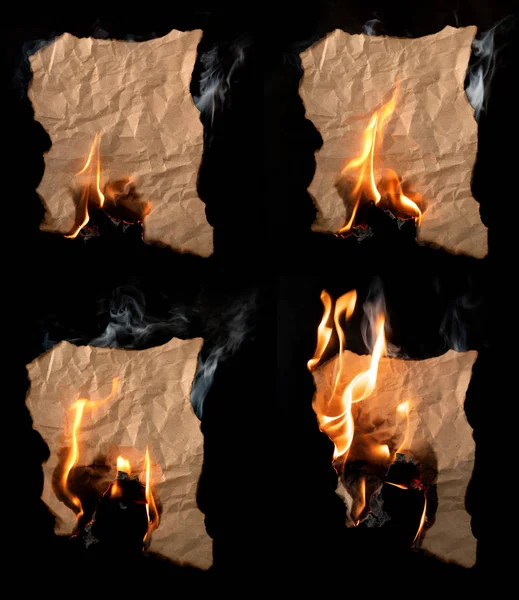 Brennendes Stück Zerknülltes Papier Auf Schwarzem Hintergrund — Stockfoto