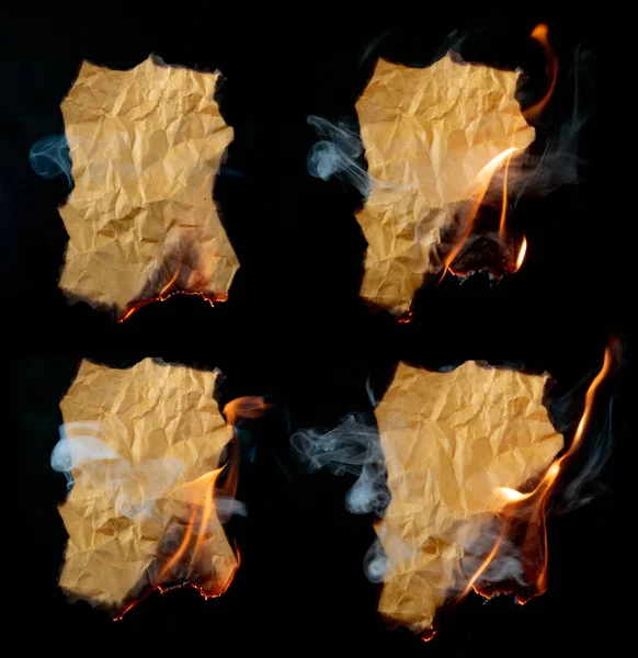 Burning Piece Crumpled Paper Black Background — Stock Photo, Image