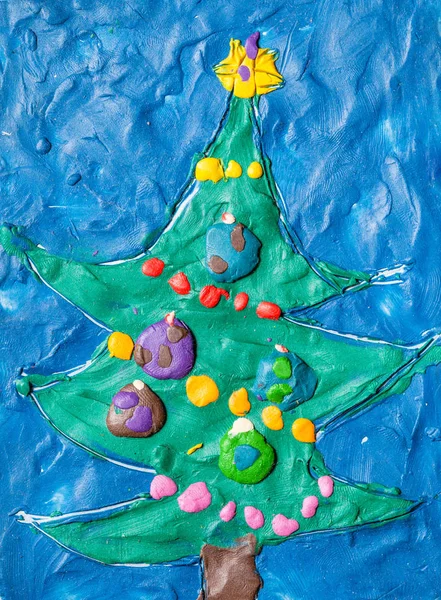 Cartão Saudação Ano Novo Feito Mão Com Árvore Natal Decorada — Fotografia de Stock
