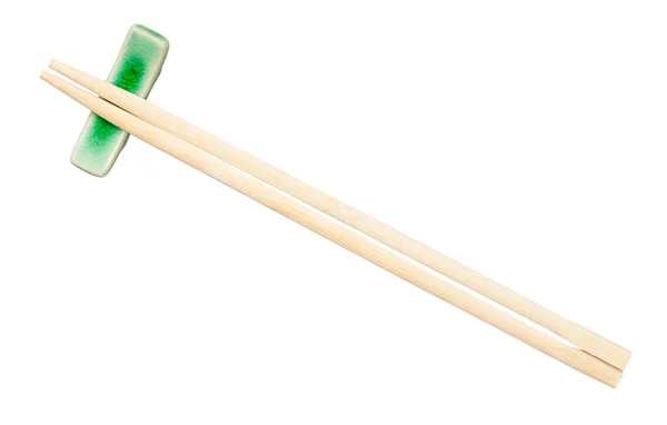 Top View Disposable Wooden Chopsticks Served Chopstick Rest Isolated White — Stock Photo, Image
