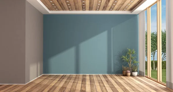 Prázdná Modrá Obývací Místnost Velkým Oknem Podlahou Tvrdého Dřeva Prostorové — Stock fotografie