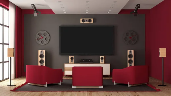 Moderne Thuisbioscoop Met Flatscreen Audioapparatuur Drie Rode Fauteuil Rendering — Stockfoto