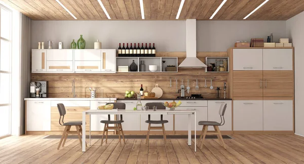 Moderne Weiße Holzküche Mit Esstisch Auf Hartholzboden Rendering — Stockfoto