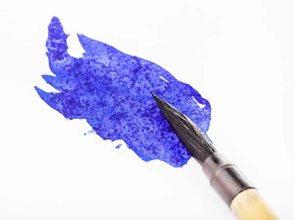 Blaue Pinselspitze Für Sumi Suibokuga Malerei Blauer Farbe Auf Weißem — Stockfoto