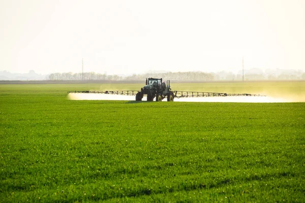 Tractor with the help of a sprayer sprays liquid fertilizers on young wheat in the field. The use of finely dispersed spray chemicals.