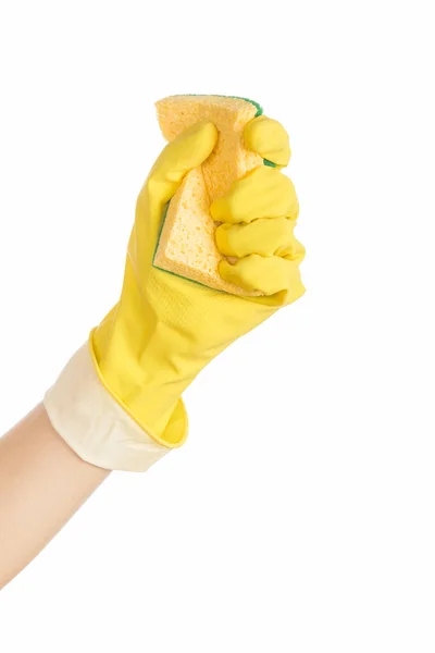 Woman Hand Rubber Glove Cleaning Sponge White Background — Stock Photo, Image