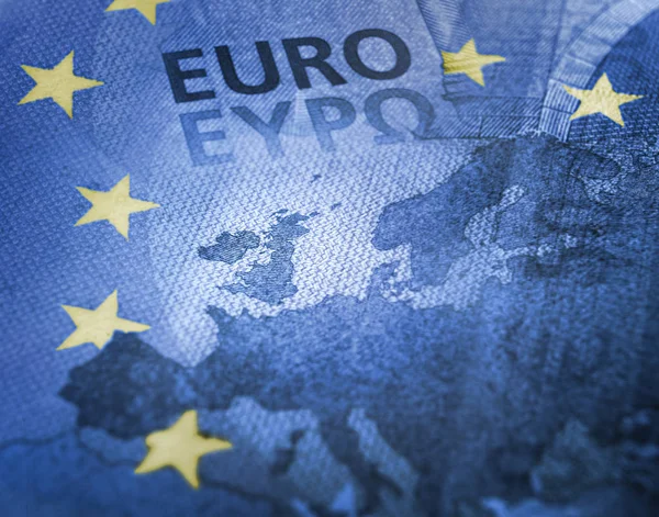Conceito Brexit Desfocado Euro Bill Close Detalhe Mapa Europa Com — Fotografia de Stock