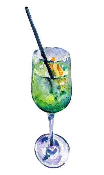 Cóctel Alcohólico Rodajas Naranja Bebida Larga Verde Vaso Con Paja —  Fotos de Stock