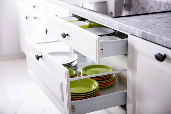 Set Different Clean Piring Opened Drawers Kitchen — Stok Foto