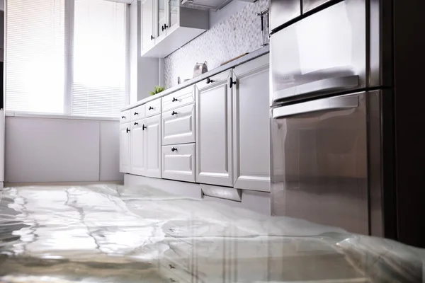 Close Flooded Floor Kitchen Water Leak — Stock Photo, Image