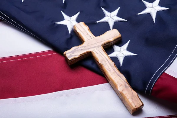Close Wooden Christian Cross American Flag — Stock Photo, Image