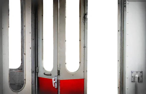 Старый Трамвай Открытых Дверей Интерьер Изолирован Белый Фон Посетить Город — стоковое фото