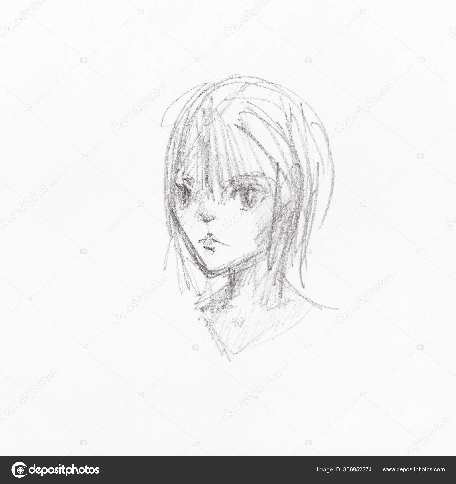 pencil sketch of an anime girl with short hair and