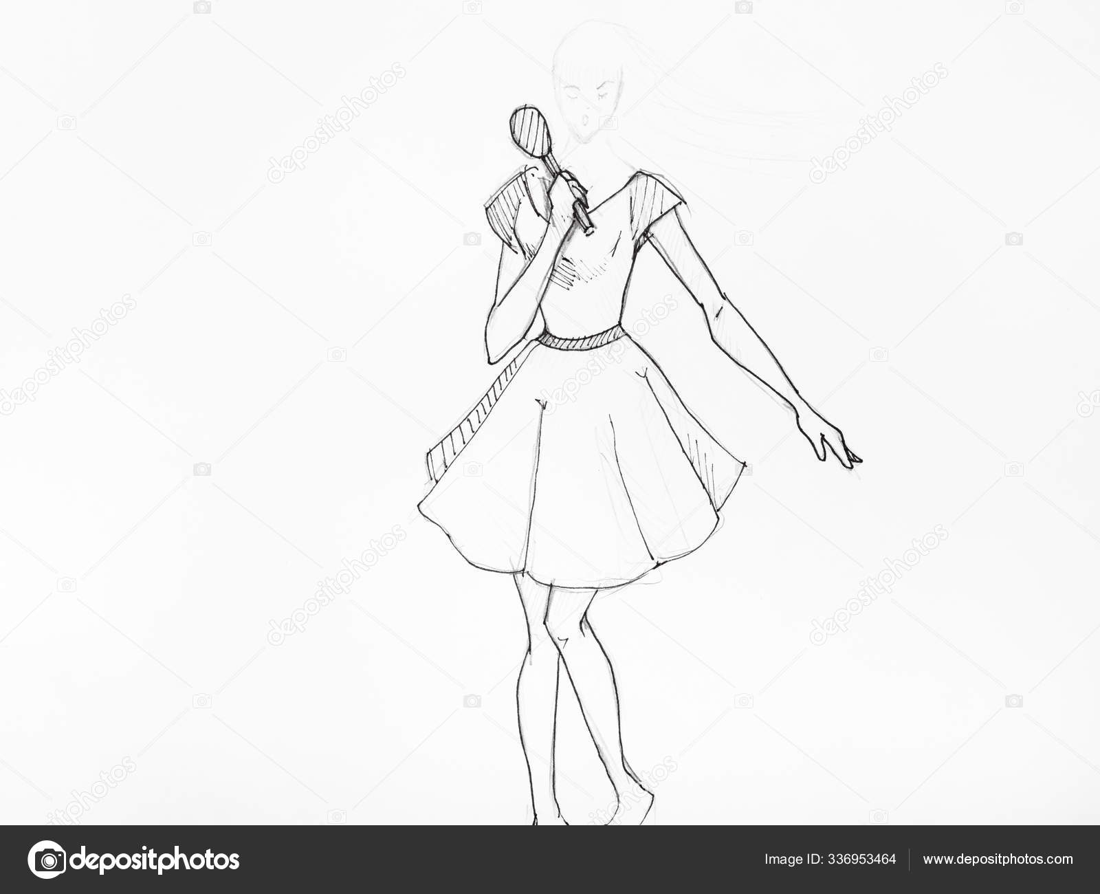 Эскиз Танцовщицы Коротком Широком Платье Микрофоном Нарисованным.