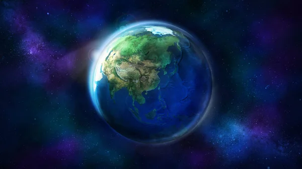 Realistyczna Ziemia Kosmosu Ukazująca Azję Australię Oceanię Dzień Połowy Globu — Zdjęcie stockowe