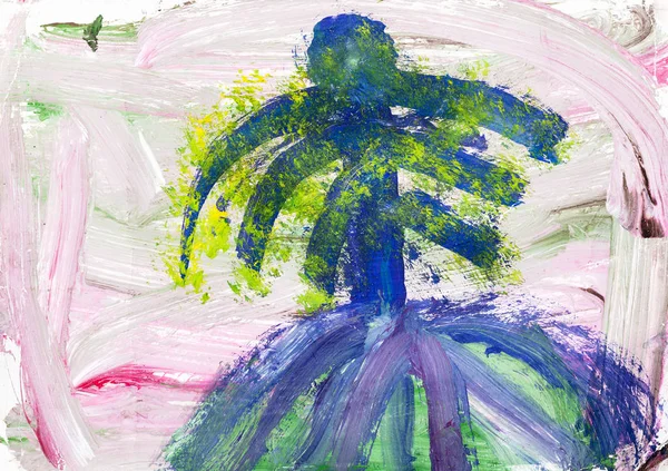 Abstrakt Rosa Landskap Med Blått Palmträd Kullen Handmålad Akvarell Vitt — Stockfoto