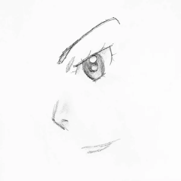 Részletes Női Anime Arc Szem Orr Kézzel Rajzolt Fekete Ceruza — Stock Fotó
