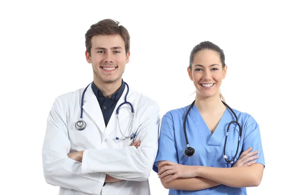 两名医学学生前视肖像在白色背景上观看相机 — 图库照片
