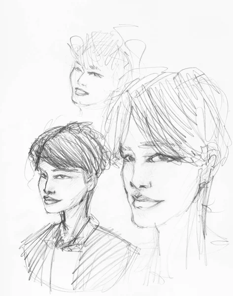 sketches of heads of boy with parting of hair hand-drawn by black pencil on white paper