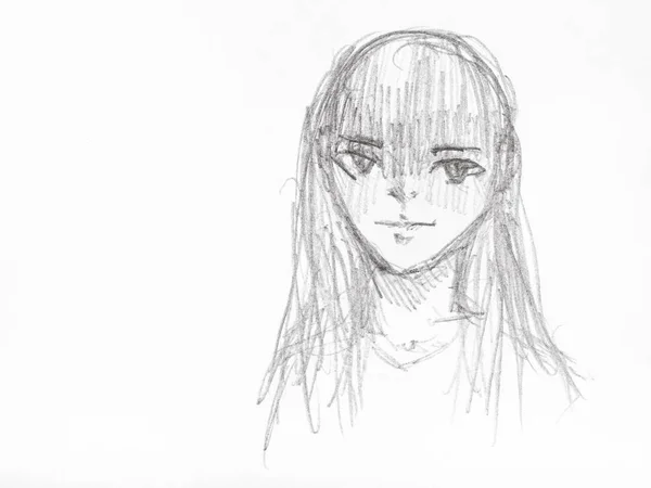 Sketch Girl Long Straight Hair Hand Drawn Black Pencil White — Stock Photo, Image