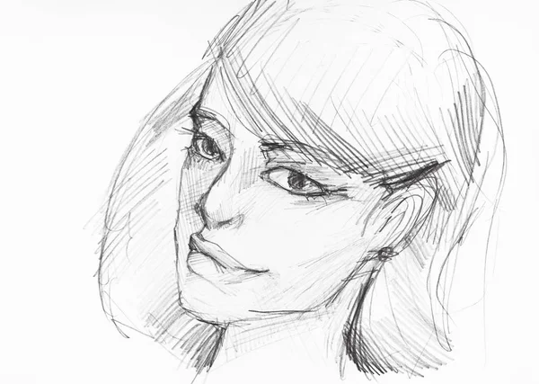 浪漫的年轻女子的头与厚嘴唇在白纸上用黑色铅笔手工绘制的素描 — 图库照片