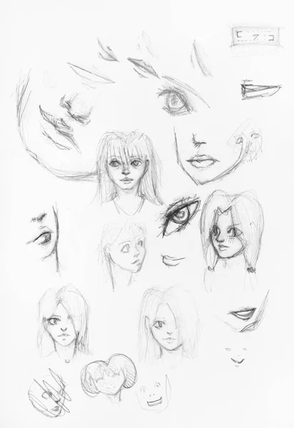 在白纸上用黑色铅笔手工绘制的女性面孔的素描 — 图库照片