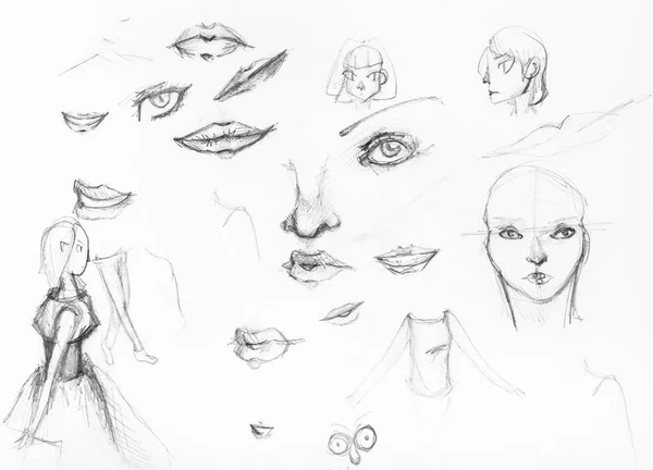 女孩的素描和脸的细节 用黑色铅笔在白纸上手工绘制 — 图库照片