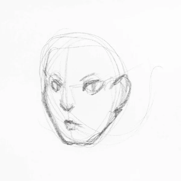 白い紙に黒鉛筆で手描きの描画の始めにティーンエイジャーの顔のスケッチ — ストック写真