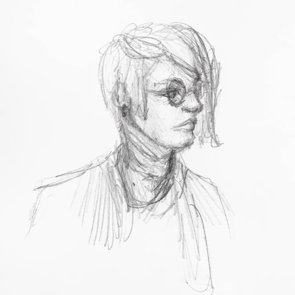 戴眼镜的青少年肖像素描 用黑色铅笔在白纸上手绘长链头发 — 图库照片