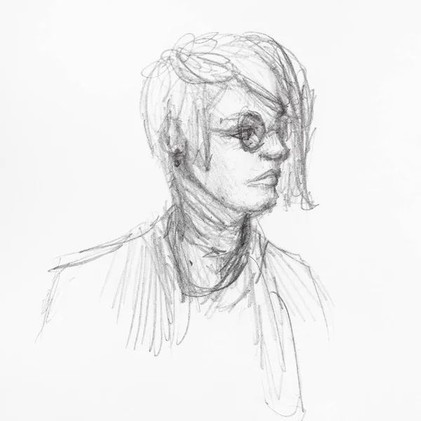 Croquis Portrait Adolescent Dans Des Lunettes Avec Long Brin Cheveux — Photo