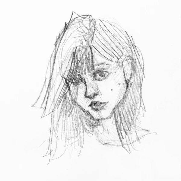 Croquis Tête Fille Rousseur Ordinaire Avec Dessiné Main Crayon Noir — Photo