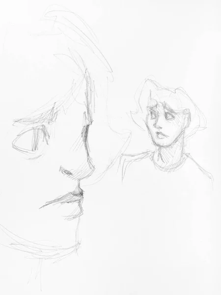 男性头部和面部草图 用黑色铅笔在白纸上手工绘制 — 图库照片