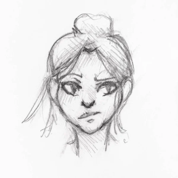 Sketch Head Girl Skeptical Face Bun Hairstyle Hand Drawn Black — Stock Photo, Image