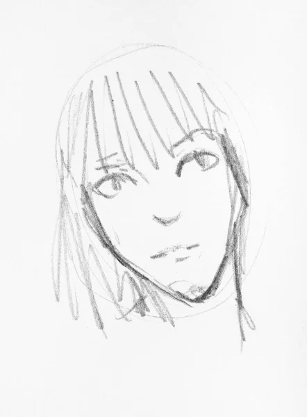 Simple Sketch Head Girl Hand Drawn Black Pencil White Paper — Stock Photo, Image