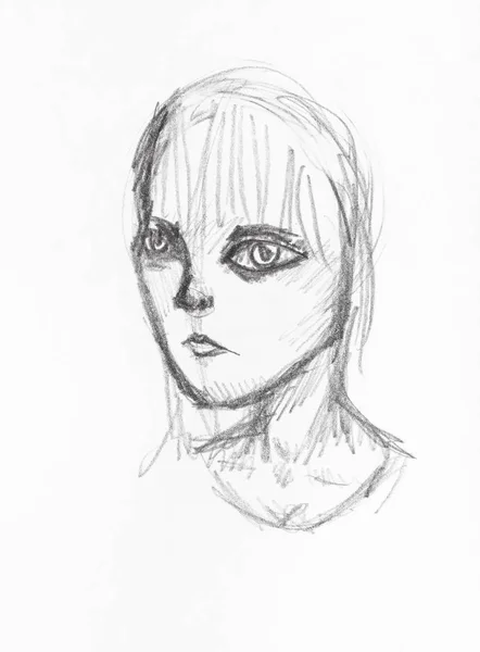 长眼睛女孩的素描用黑色铅笔在白纸上手工绘制 — 图库照片