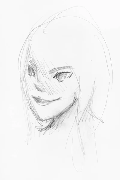 Sketch Girl Head Smiling Face Anime Style Hand Drawn Black — Stock Photo, Image