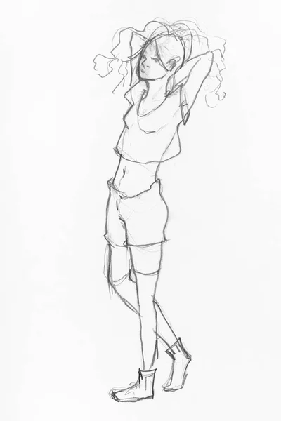 종이에 연필로 손으로 뒷면에 손으로 로맨틱 소녀의 스케치 — 스톡 사진