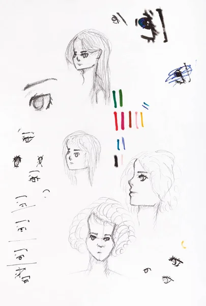 Esboços Cabeças Menina Olhos Desenhados Mão Por Lápis Preto Canetas — Fotografia de Stock