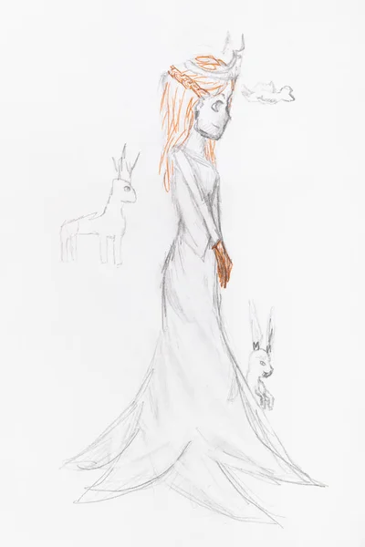 Эскиз Сказочной Принцессы Животными Нарисованными Черным Карандашом Белой Бумаге — стоковое фото