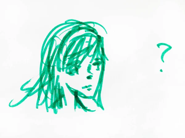 Sketch Thoughtful Girl Head Hand Drawn Green Felt Pen White — Stock Photo, Image