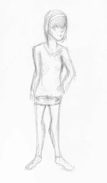 Sketch Girl Short Sport Suit Hand Drawn Black Pencil White — Stock Photo, Image