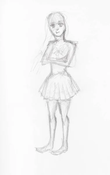 Sketch Girl Short Dress Hand Drawn Black Pencil White Paper — Stock Photo, Image