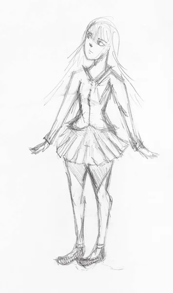 Sketch Girl Wide Short Skirt Hand Drawn Black Pencil White — Stock Photo, Image