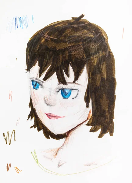 蓝眼睛和棕色头发的女孩的肖像 用彩色铅笔在白纸上手工绘制 — 图库照片